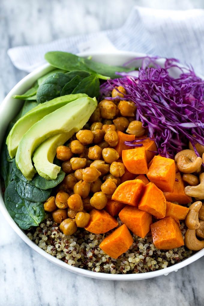 Receta del cuenco de Buda |  Cuenco de Buda vegano |  Cuenco de quinua |  Receta de camote |  Receta de quinua #salud #limpieza #quinoa #dinner #Cazuelas online#ceci Batatas, garbanzos, aguacate y quinua dispuestas sobre repollo morado en un bol.