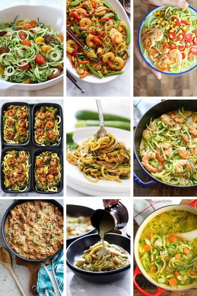Recetas de pasta de calabacín que incluyen camarones, platos de pollo, papas fritas y más.