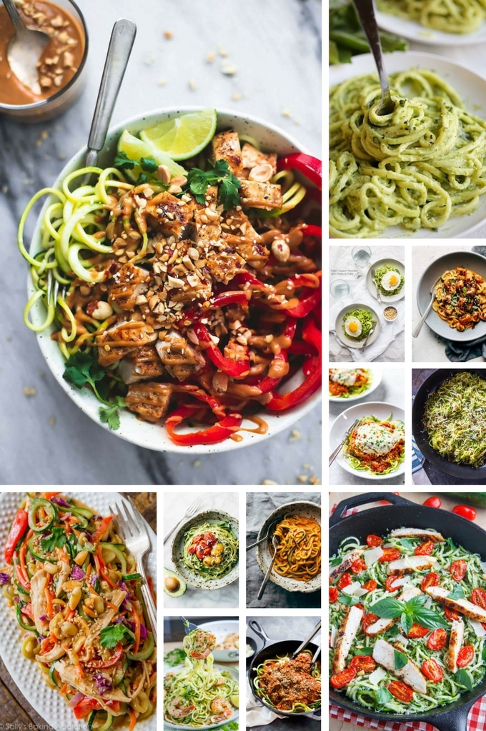 Una variedad de recetas de fideos de calabacín que incluyen recetas de estilo tailandés, recetas italianas y recetas de camarones.