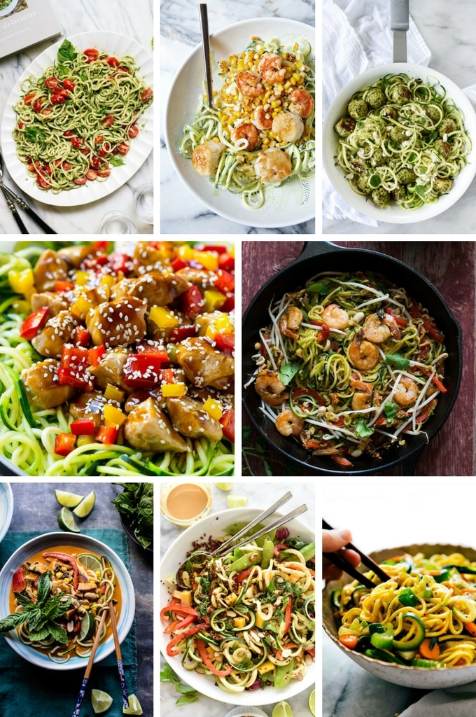 Una variedad de recetas de espaguetis de calabacín con camarones, vieiras, pollo.  También hay ensaladas y recetas asiáticas.