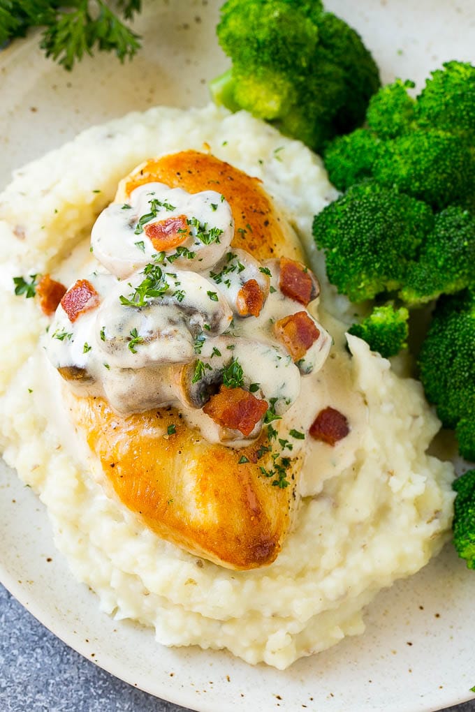 Pollo con champiñones servido con puré de papa y brócoli.