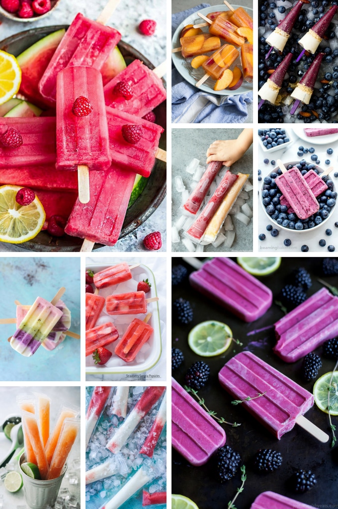 Recetas de paletas heladas a base de frutas como frambuesas, fresas, arándanos y duraznos.