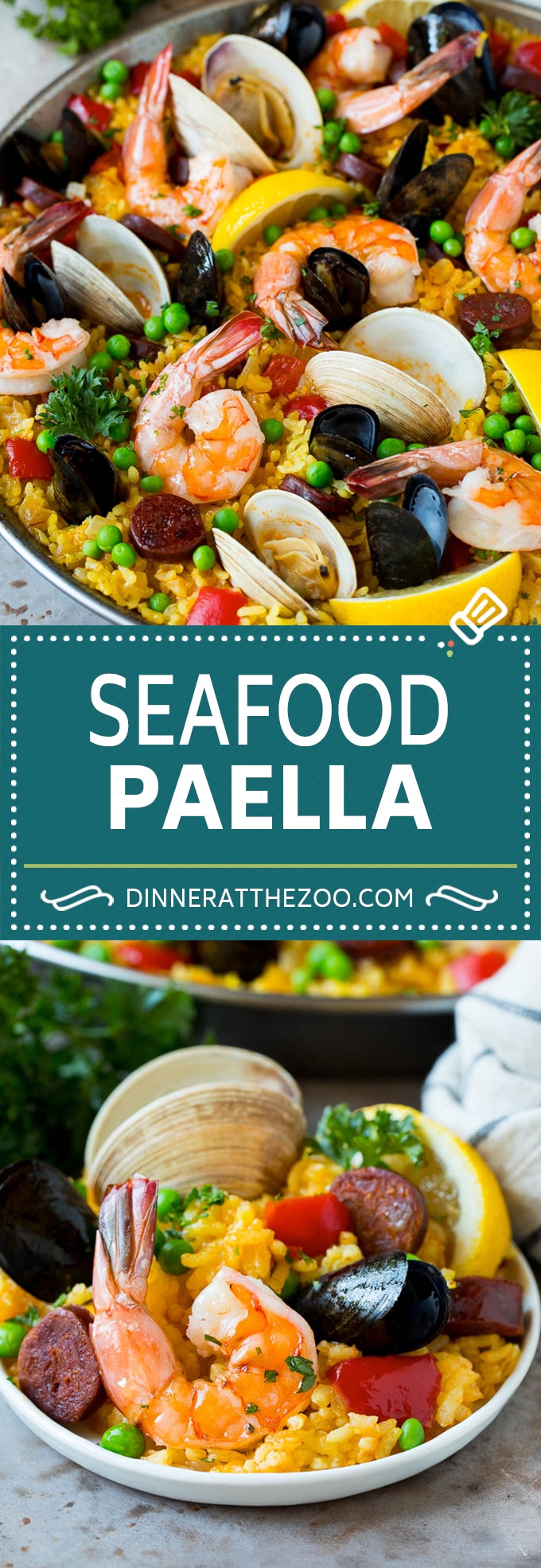 Esta paella de mariscos es una mezcla de arroz con azafrán, chorizo ​​español, camarones, almejas y mejillones, todo cocinado juntos.