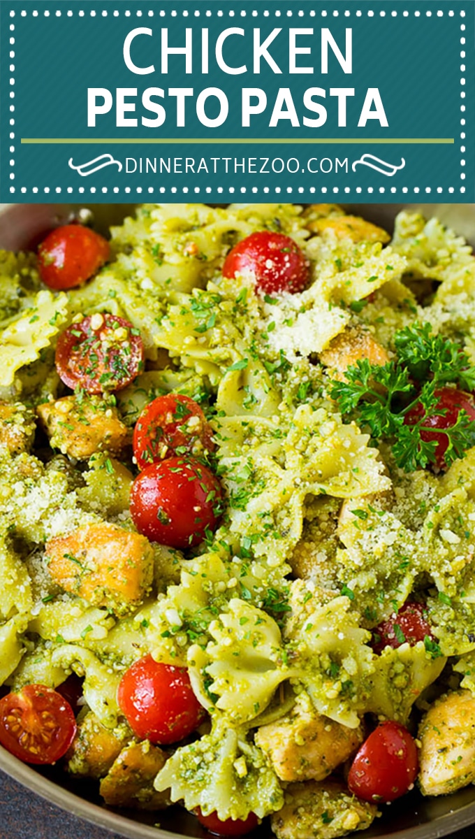 Esta pasta de pollo al pesto es pollo salteado, farfalle y tomates cherry, todo mezclado con pesto de albahaca y terminado con parmesano.