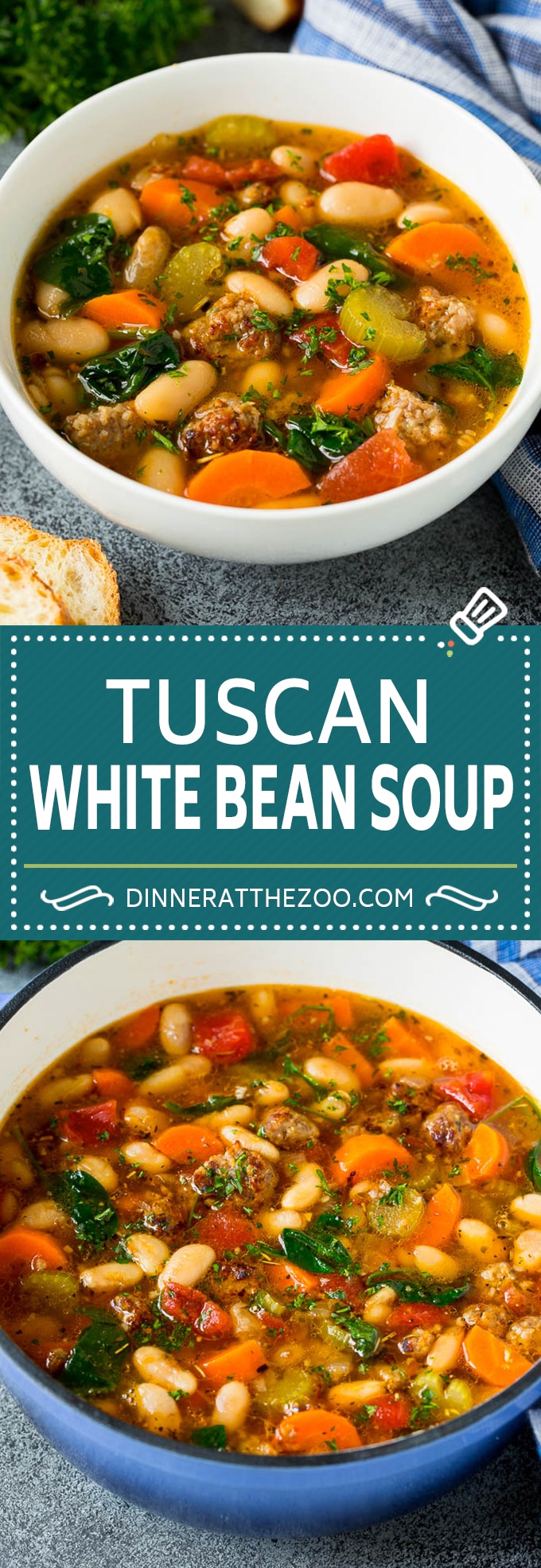 Esta sopa toscana de frijoles blancos es una rica mezcla de salchicha italiana, verduras y frijoles, todo cocido a fuego lento en un sabroso caldo de tomate.
