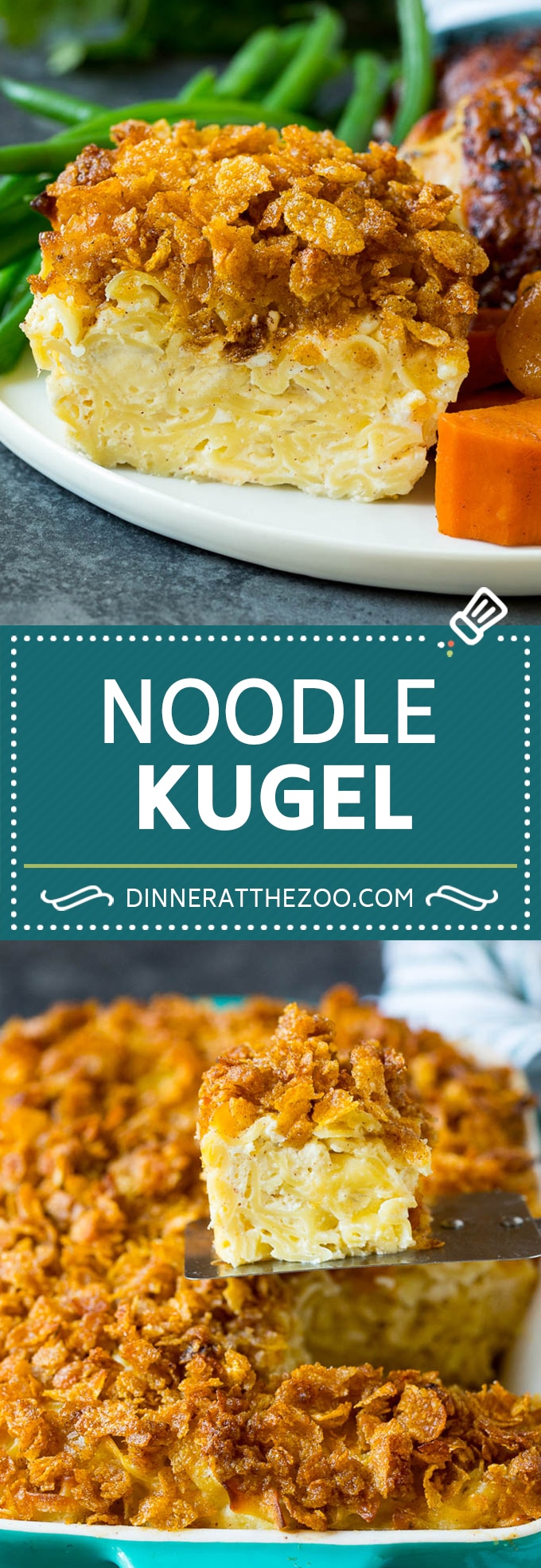 Este kugel de fideos está hecho con fideos de huevo cocidos en una mezcla de natillas dulces, luego se termina con un relleno de copos de maíz de canela y azúcar.