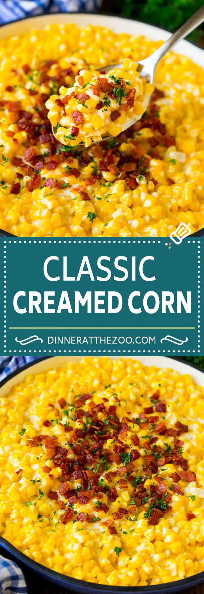 Esta receta de crema de maíz consiste en granos de maíz hervidos a fuego lento en una salsa de crema, luego cubiertos con tocino crujiente y hierbas frescas. 
