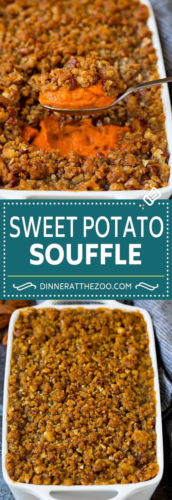 Este soufflé de batata es una mezcla cremosa de batatas y especias cubierta con azúcar morena y streusel de nuez.