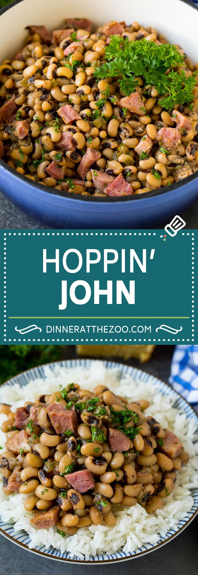 Esta receta de Hoppin 'John está hecha con guisantes de ojo negro cocidos a fuego lento con jamón y verduras hasta que estén tiernos, luego se sirve sobre arroz.