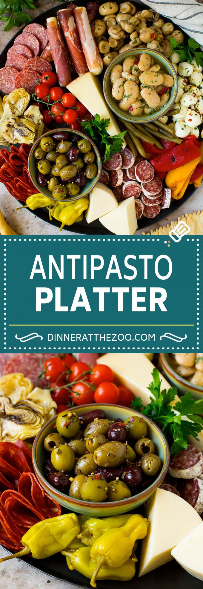 Esta fuente de antipasto es una combinación de carnes curadas italianas, quesos, verduras y pan, todo organizado para crear una fabulosa exhibición de antipasti.