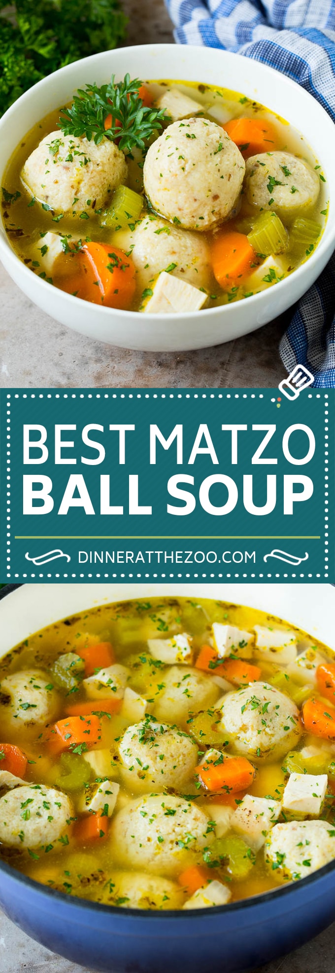 Esta sopa de albóndigas de matzá está hecha con pollo cocido a fuego lento y verduras con bolas de matzá en un caldo salado.