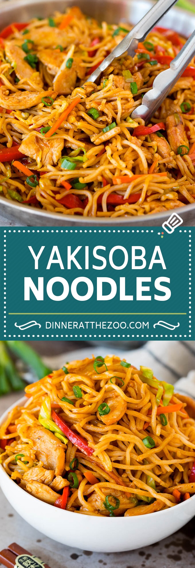 Estos fideos yakisoba son fideos tiernos salteados con pollo y verduras variadas en una salsa salada.