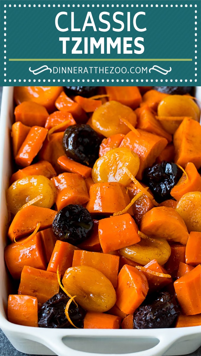 Esta receta de tzimmes es un guiso colorido hecho con batatas, zanahorias y frutos secos.