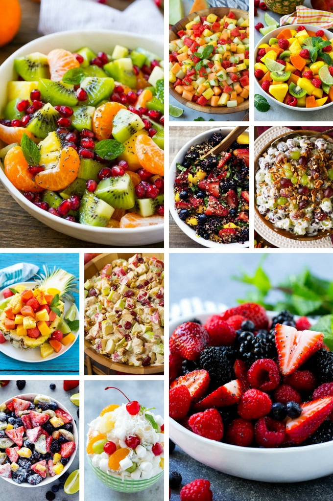 Variedad de recetas de ensalada de frutas con ambrosía, ensalada de bayas, ensalada de frutas tropicales y ensalada de melón.