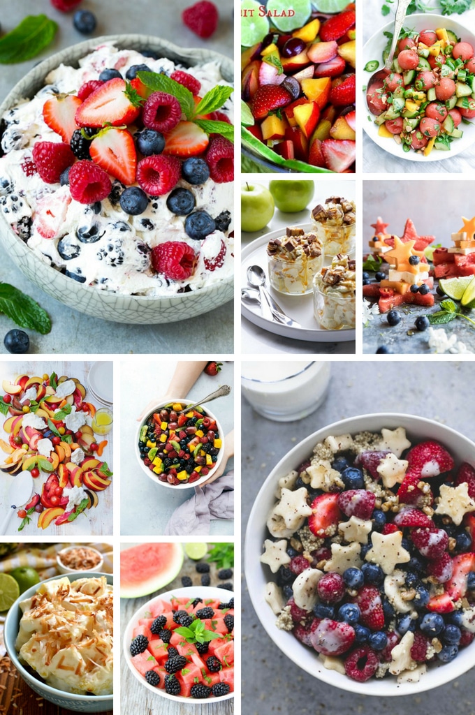 Ensaladas de frutas como ensalada de frutas de hueso, ensalada de piña colada y ensalada de frutas patriótica.
