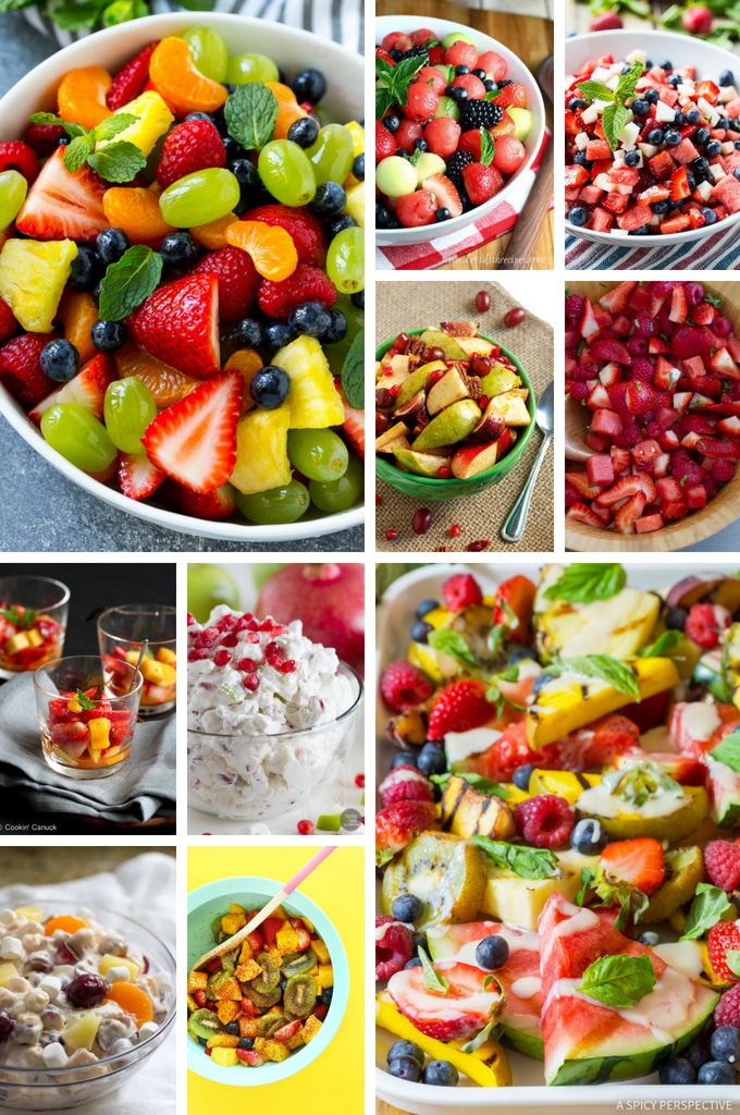Un surtido de diferentes imágenes de ensaladas de frutas.