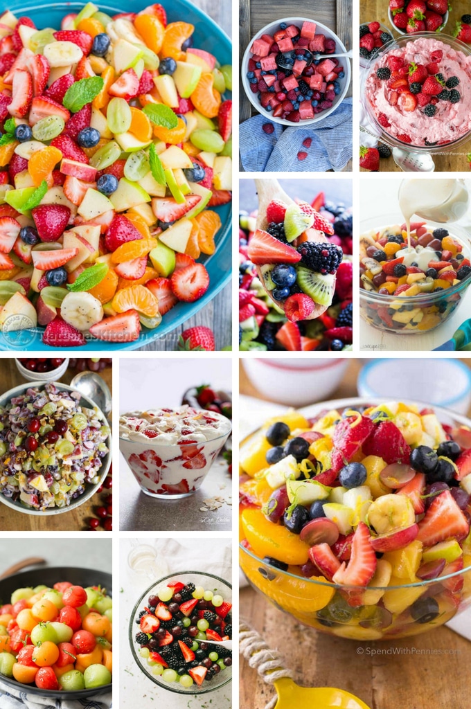 Una variedad de recetas de ensaladas de frutas que incluyen ensalada de frutas cremosa, ensalada de sandía y ensalada de tarta de queso.