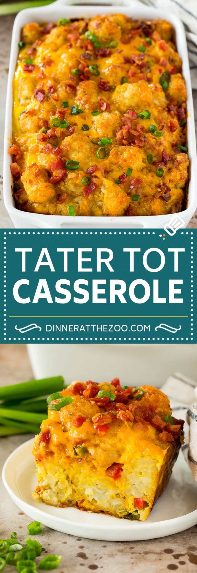 Esta cazuela de tater tot está hecha con tocino, huevos, verduras, papas y mucho queso, todo cocido juntos.