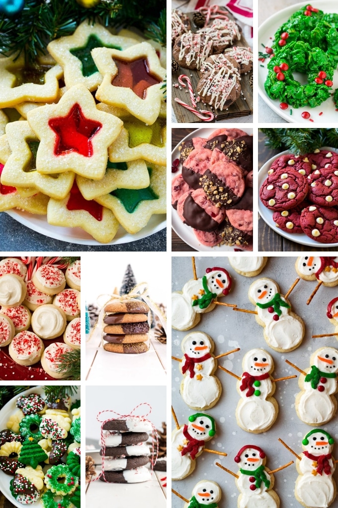 Una selección de recetas de galletas, que incluyen galletas spritz y galletas de bastón de caramelo.