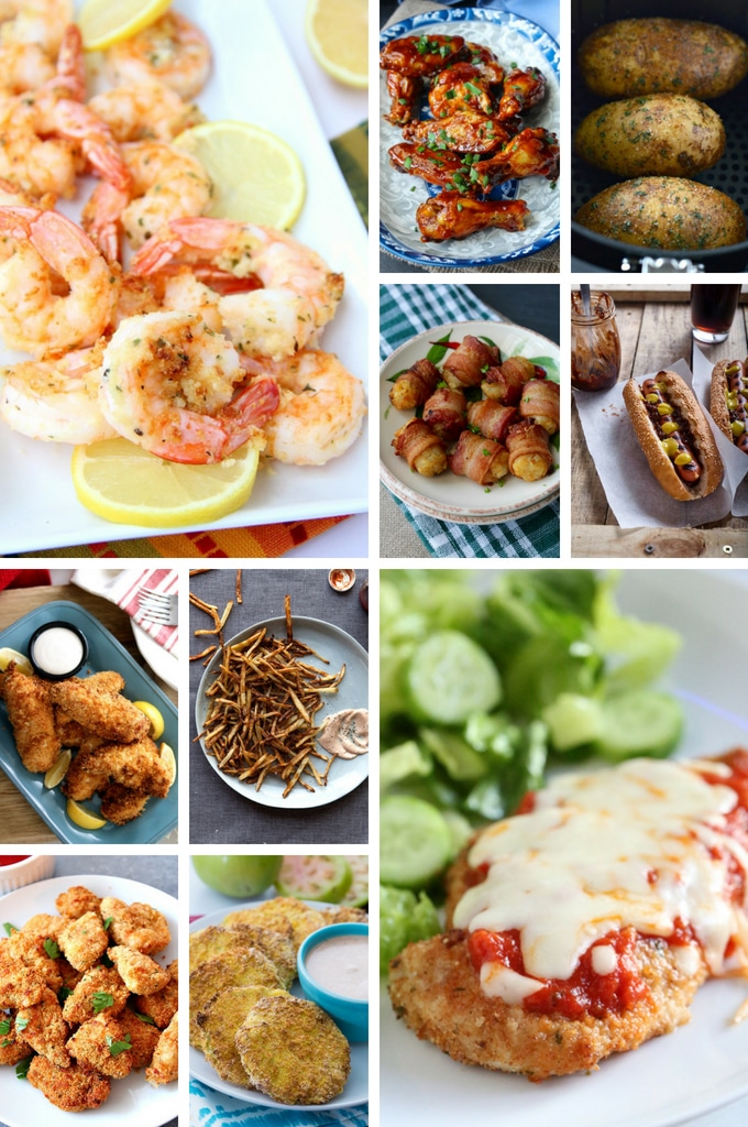 Una cuadrícula de fotos que muestra diferentes recetas que se pueden preparar en la freidora.