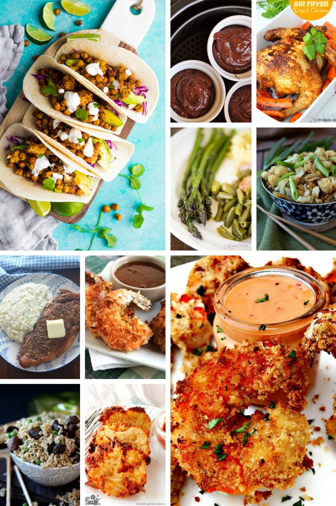 Recetas para freidoras que incluyen verduras, filetes y pollo.