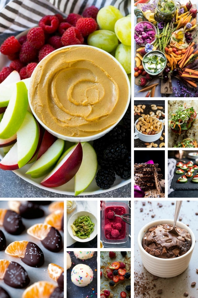 Collage de bocadillos saludables con fotos de corteza de quinua, edamame, yogur helado y tostadas vegetarianas.
