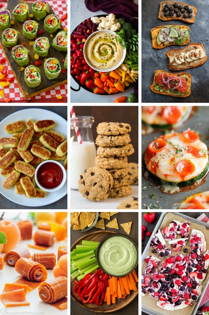 Recetas de bocadillos saludables como hummus, picaduras de pizza y cáscaras de yogur congelado.