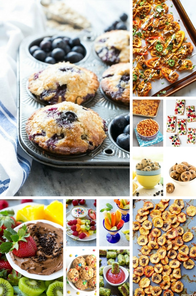 Recetas de bocadillos saludables que incluyen muffins de arándanos, bocados energéticos y tazones de frutas