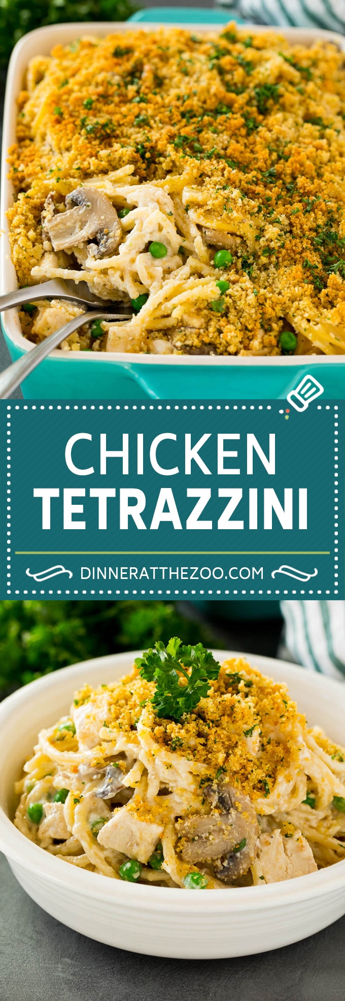 Este tetrazzini de pollo está hecho con espaguetis, champiñones, guisantes, pollo y queso, todo mezclado en una cremosa salsa casera.