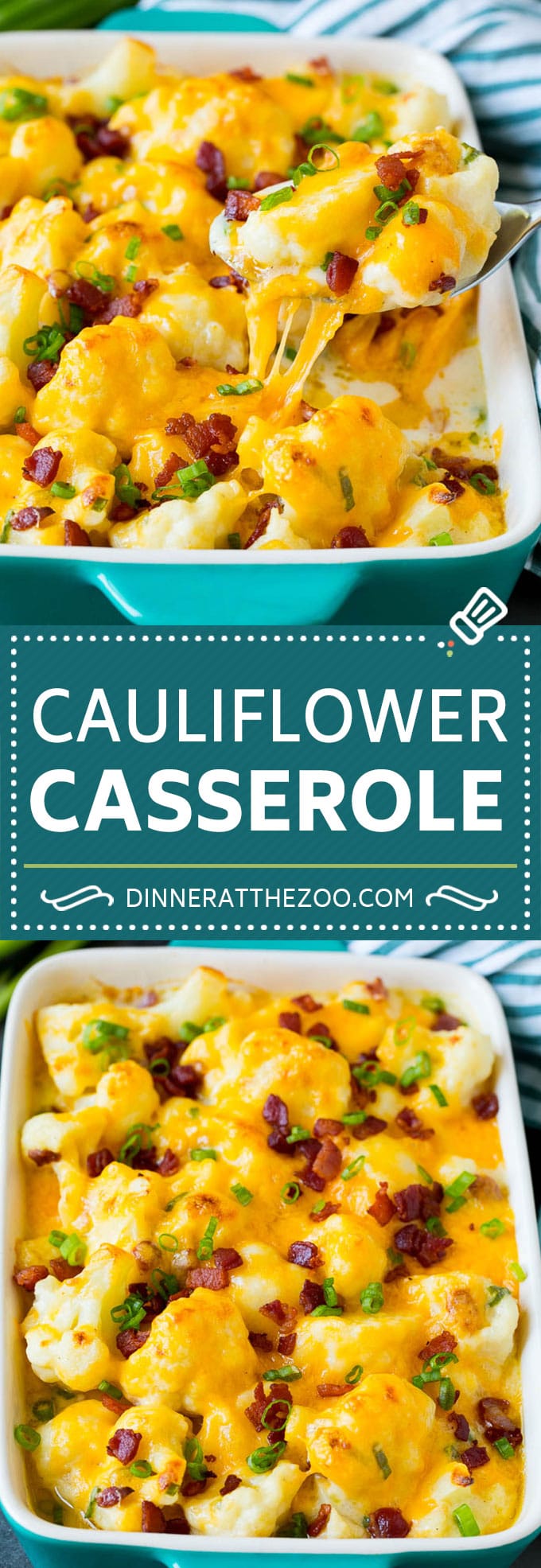 Esta cazuela de coliflor está hecha con flores de coliflor cocidas mezcladas con una salsa de queso casera, luego rociadas con tocino y cebollas verdes y cocinadas a la perfección.