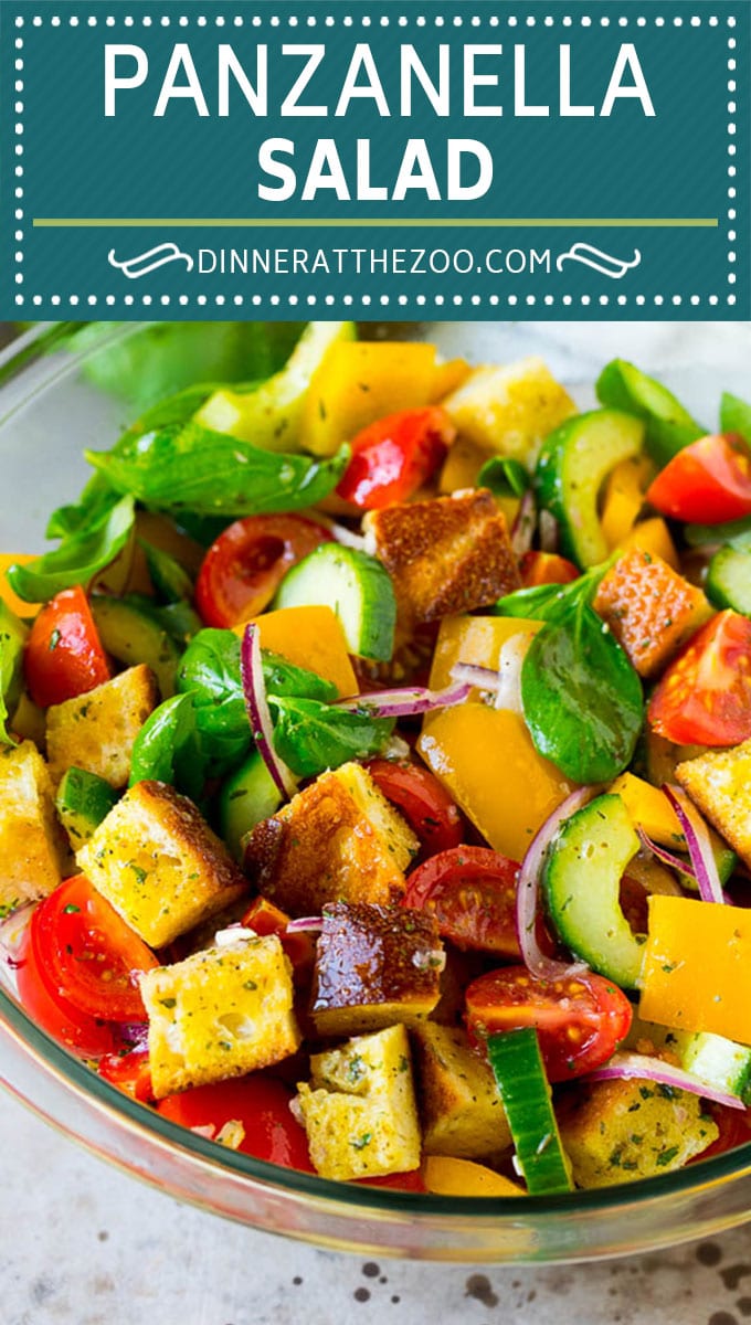 Ensalada de panzanella con cubitos de pan tostado y verduras de colores, todo mezclado en una vinagreta casera.  #ensalada #dinneratthezoo Ensalada de panzanella con cubitos de pan tostado y verduras de colores, todo mezclado en una vinagreta casera.  #ensalada #dinneratthezoo