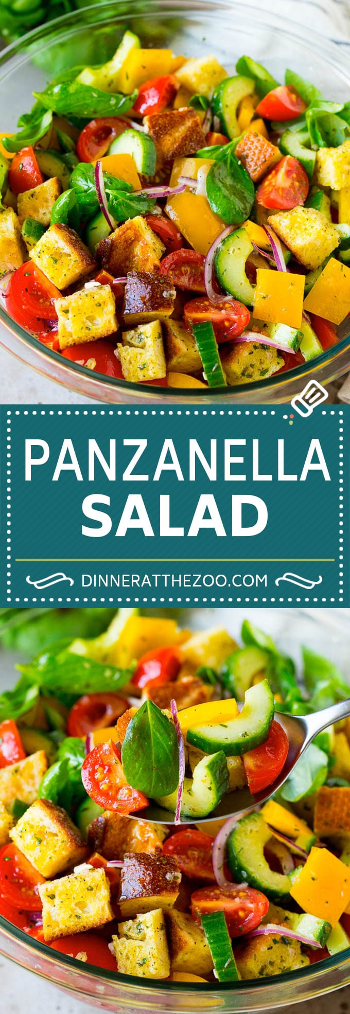 Ensalada de panzanella con cubitos de pan tostado y verduras de colores, todo mezclado en una vinagreta casera.  #ensalada #dinneratthezoo Ensalada de panzanella con cubitos de pan tostado y verduras de colores, todo mezclado en una vinagreta casera.  #ensalada #dinneratthezoo