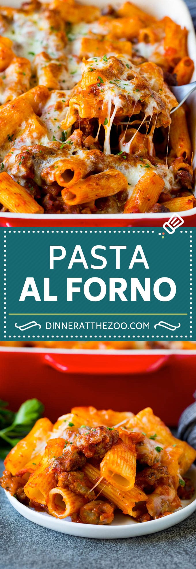 Pasta al Forno es un rigatoni sustancial mezclado con una sabrosa salsa de carne, luego sazonado con queso y horneado en el horno.  #pasta #dinneratthezoo