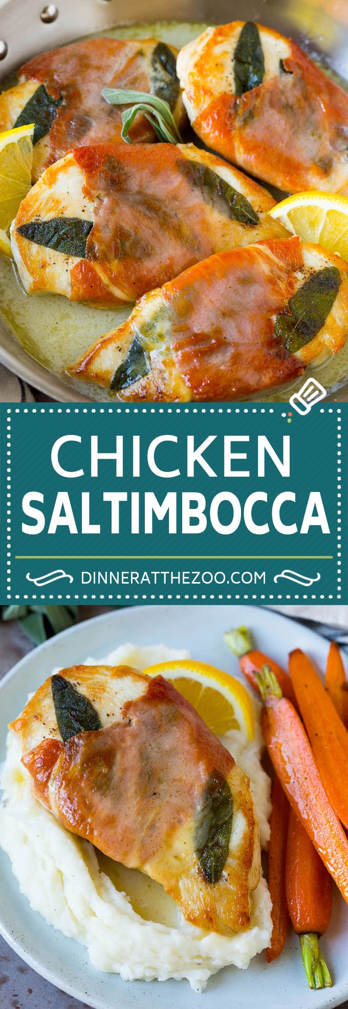 La saltimbocca de pollo son chuletas de pollo aromatizadas con salvia y jamón en salsa de limón.  #pollo #dinneratthezoo