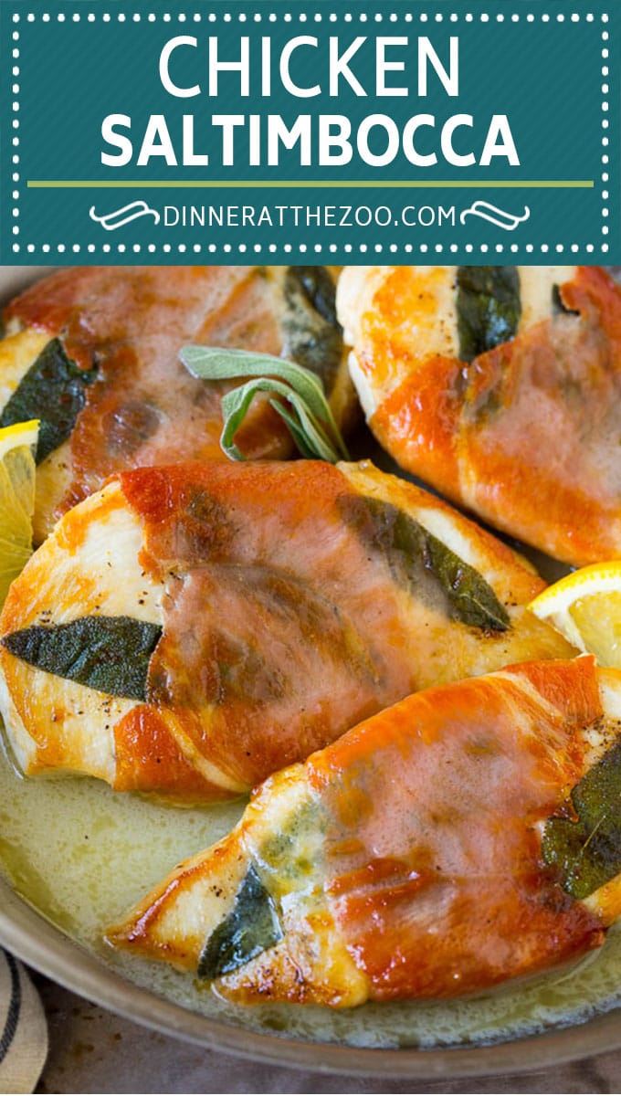 La saltimbocca de pollo son chuletas de pollo aromatizadas con salvia y jamón en salsa de limón.  #pollo #dinneratthezoo