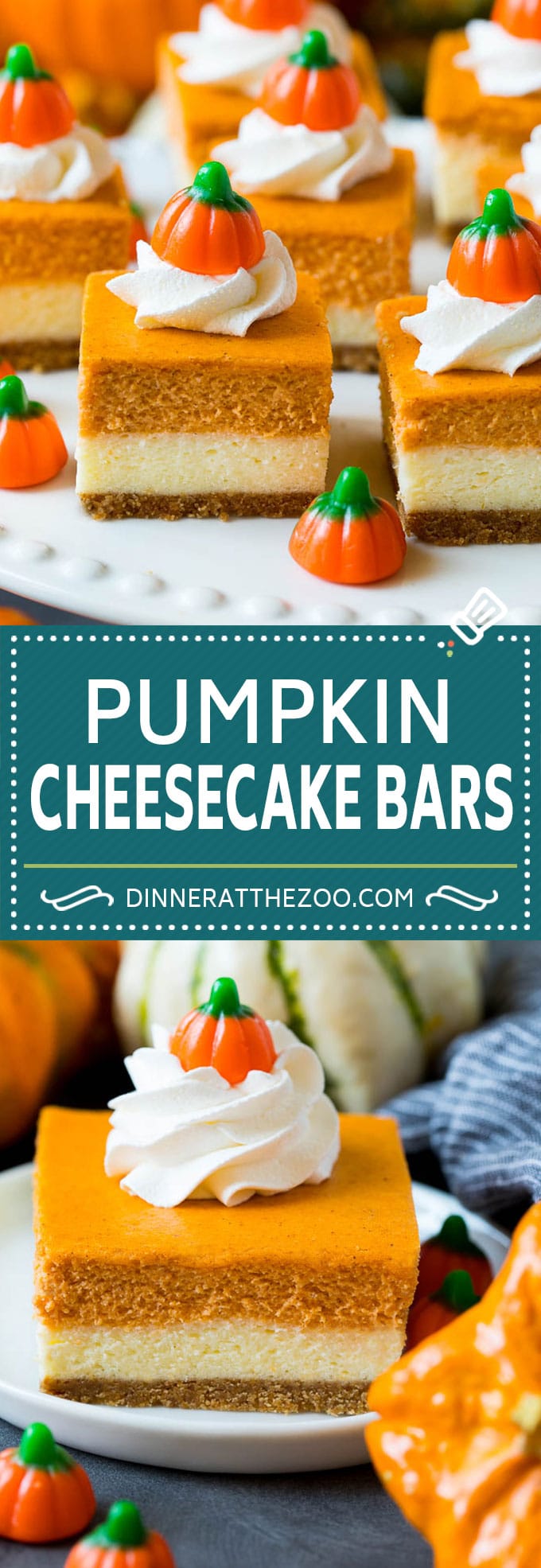 Estas barras de pastel de queso y calabaza son capas de corteza de galleta Graham, pastel de queso de vainilla y pastel de queso de calabaza, todos cocinados juntos para crear un postre fantástico.