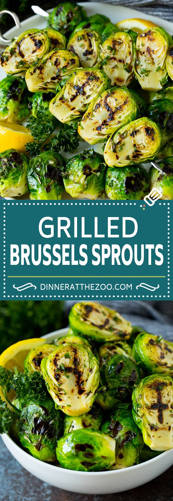 Estas coles de Bruselas asadas se cubren con aceite de oliva, ajo y hierbas, luego se ensartan en brochetas y se cocinan hasta que estén caramelizadas.