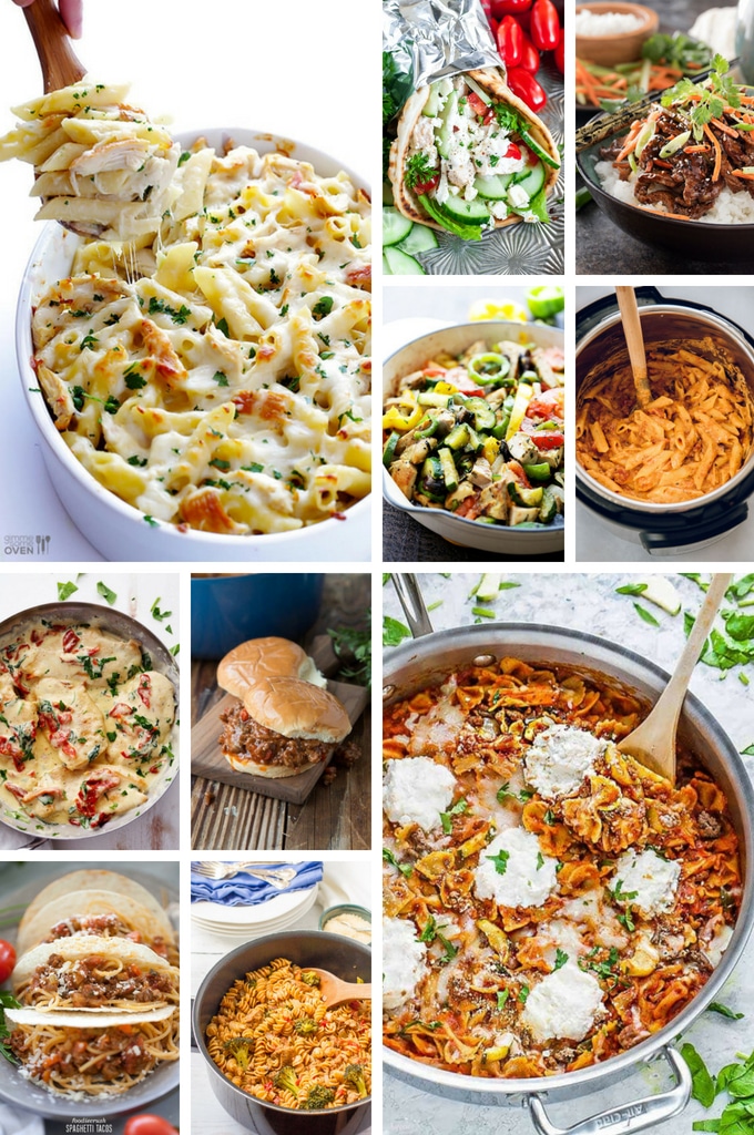 Un collage de fotos de recetas de regreso a clases como tacos, platos de pollo y pasta.