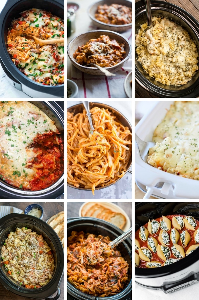 Recetas de pasta en olla de cocción lenta que incluyen masa de pizza, ravioles de lasaña y conchas rellenas.