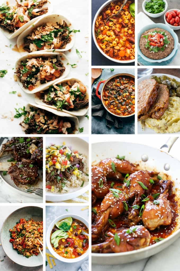 50 recetas instantáneas | Recetas Instantáneas Fáciles | Pollo instantáneo | Carne de res instantánea #instantpot #pressurecooker #dinneratthezoo Collage de recetas instantáneas con fotos de estofado de ternera, tacos, pastel de carne, platos de pasta y platos de pollo.