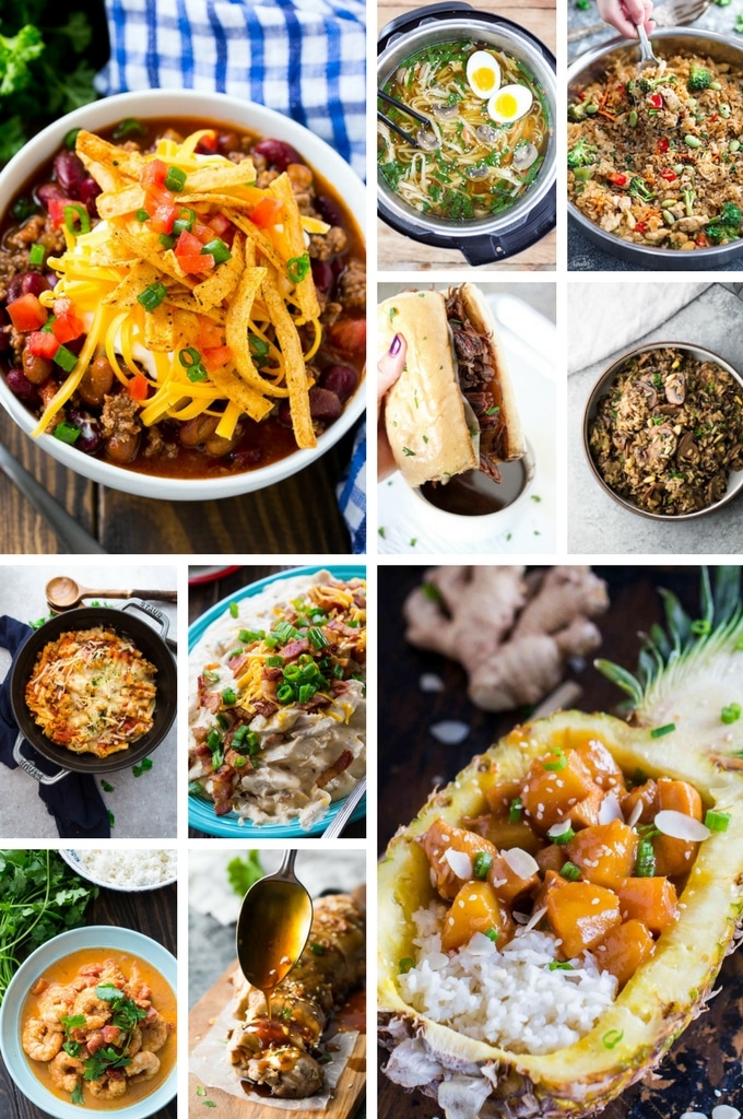 50 recetas instantáneas | Recetas Instantáneas Fáciles | Pollo instantáneo | Carne de res instantánea #instantpot #pressurecooker #dinneratthezoo Collage de fotos de recetas instantáneas con sándwiches, pollo teriyaki, recetas de cocina india y más.