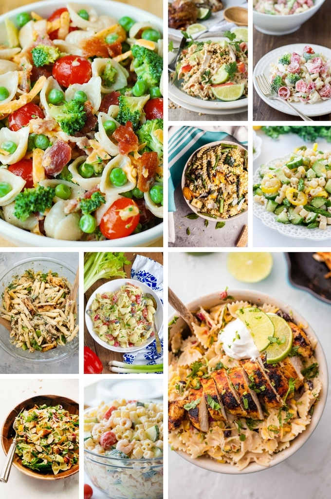 Collage de recetas de ensalada de pasta con imágenes de ensalada de fideos con pollo tailandesa, ensalada de fideos con mariscos, ensalada de fideos con pollo y más.