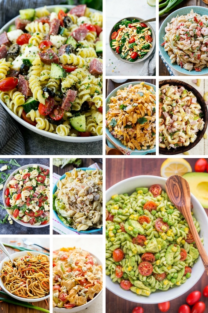 Recetas de ensalada de pasta con sabores como pollo búfalo, pollo al curry, rancho de barbacoa y remoulade de camarones.