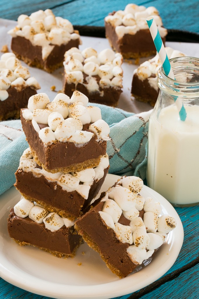 S'mores oscuros con una corteza crujiente de galletas Graham, un relleno cremoso de chocolate negro y muchos malvaviscos tostados encima.  ¡El mejor dulce de azúcar que he comido!