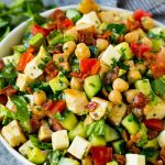 Un plato de ensalada picada de pollo, lechuga, tomate, pepino, tocino y garbanzos.