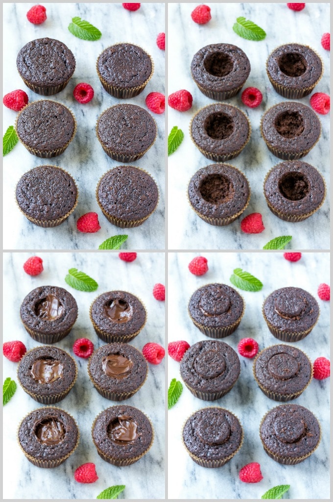 Ahueca los cupcakes de chocolate rellenos de relleno.