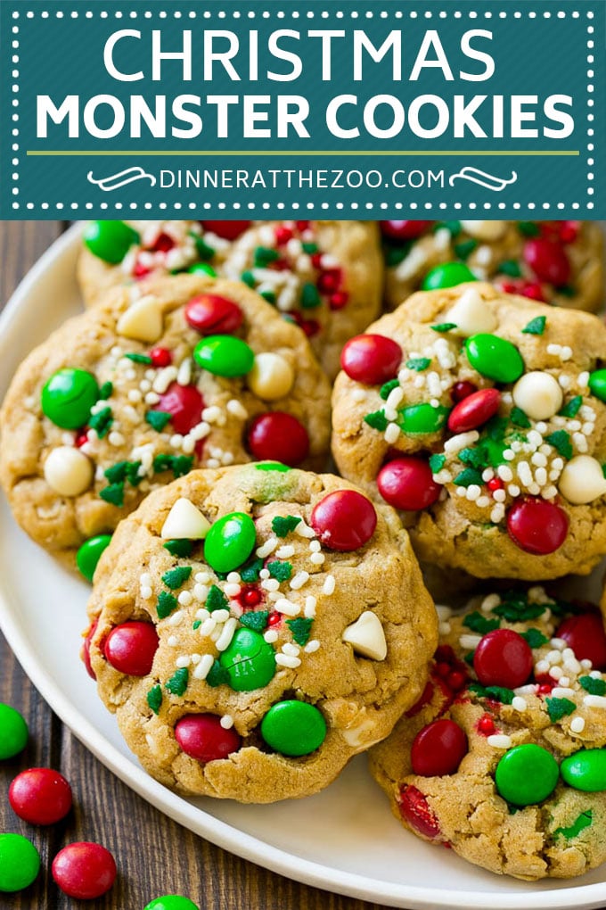 Receta de galletas de Navidad Monster |  Galletas de avena |  Galletas de mantequilla de maní |  M & M's Cookies # hornear #cookies #postre #cacahuete #chocolate #Cazuelas online#christmas #sprinkles