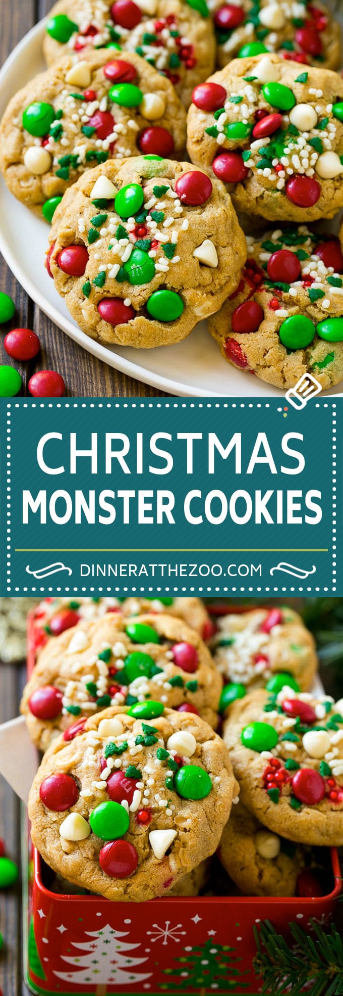 Receta de galletas de Navidad Monster |  Galletas de avena |  Galletas de mantequilla de maní |  M & M's Cookies # hornear #cookies #postre #cacahuete #chocolate #Cazuelas online#christmas #sprinkles