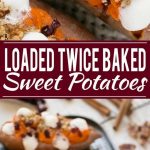 Estas batatas de doble carga se rellenan con streusel de nueces con azúcar morena, malvaviscos y arándanos secos.  ¡Puede prepararlos con anticipación y ponerlos en el horno justo antes de la comida navideña!