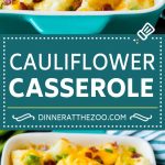Esta cazuela de coliflor está hecha con flores de coliflor cocidas mezcladas con una salsa de queso casera, luego rociadas con tocino y cebollas verdes y cocinadas a la perfección.